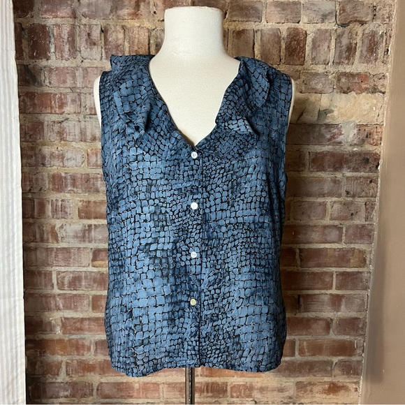 Vintage Snakeskin Blue Ruffle Sleeveless Top/Tank -Size L -TP20 - Picture 2 of 7